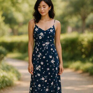 New POL Navy Blue Floral Print Midi Dress Size Small Sleeveless Strappy Ruffle